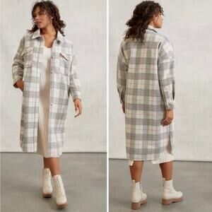 Anthropologie If By Sea Sz XS Plaid Fleece Long Shirt Jacket Gray White Pink